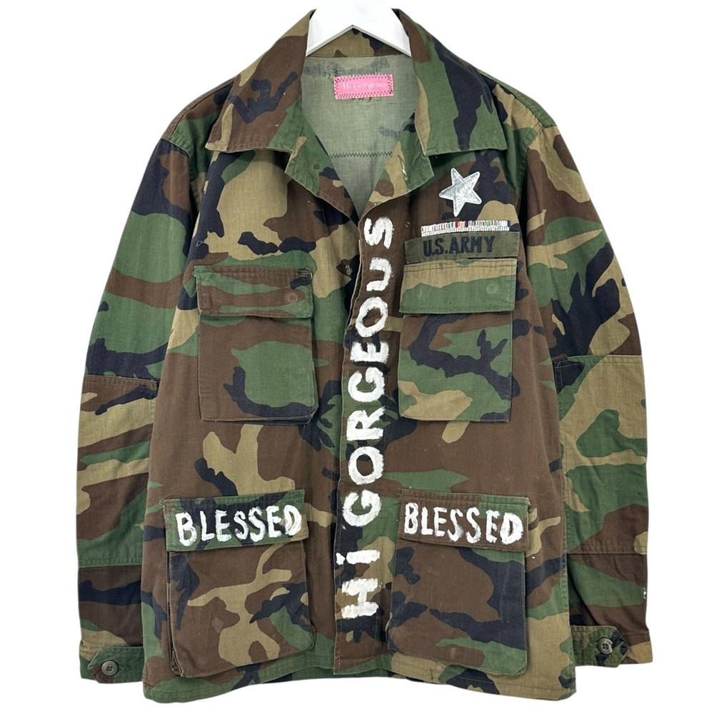Vintage Camouflage Military Jacket with Painted White Lettering